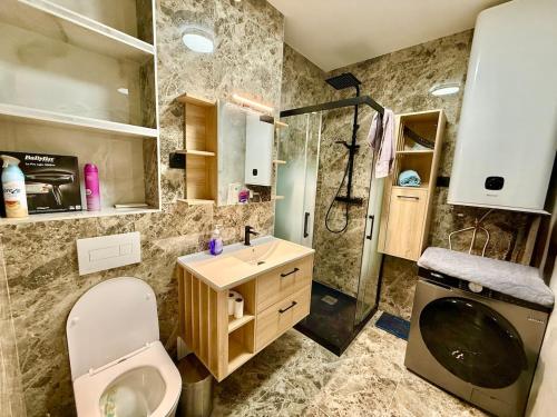 a bathroom with a toilet and a sink and a shower at Appartement en centre-ville in Briey