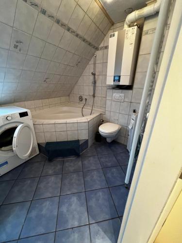a bathroom with a tub sink and a toilet at Zentrales Apartment in Würzburg-Heidingsfeld in Würzburg
