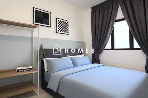 a bedroom with a bed with blue pillows and a window at C180 Trader Park 3Room Balcony Free Carpark #10 in Cheras