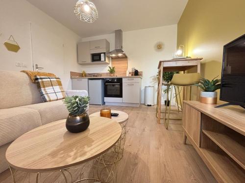 a living room with a couch and a table at L'Étoile dorée avec Parking in Valence