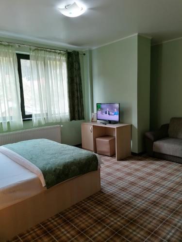 a bedroom with a bed and a tv and a couch at Pensiunea Curcubeu in Buşteni