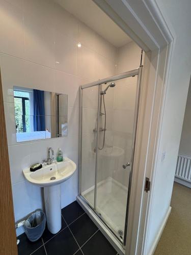 a bathroom with a shower and a sink at The Mill Sixmilewater Mill Antrim in Antrim
