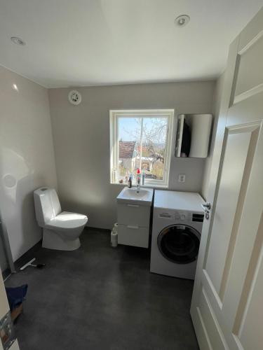 a bathroom with a toilet and a washing machine at Charmig stuga utanför Norrköping in Åby