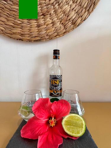 eine Flasche Alkohol und zwei Gläser und eine rote Blume in der Unterkunft Ti-Cherry in Le Diamant