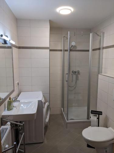 a bathroom with a shower and a sink and a toilet at K&K City-Apartment in Weimar