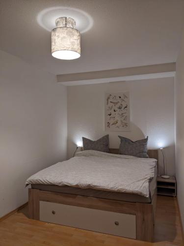 a bedroom with a bed with a light above it at K&K City-Apartment in Weimar