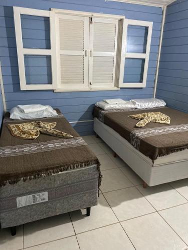two beds in a room with blue walls and windows at Sol Mar Hostel in Santo Agostinho