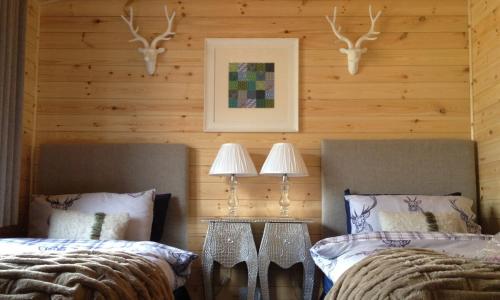 two beds in a room with wooden walls and two lamps at Sòghail Luxury Lodge and Balquhidder Mhor with Hot Tub in Kingshouse