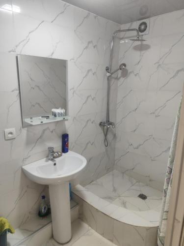 Un baño blanco con lavabo y ducha en ბინა appartement, en Kutaisi