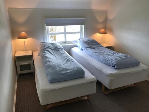 twee bedden in een kleine kamer met een raam bij Strand farm, sea view and boat rental in Averoy