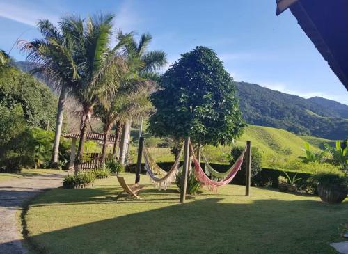 a couple of hammocks in a yard with palm trees at Rancho São Jorge in Macaé