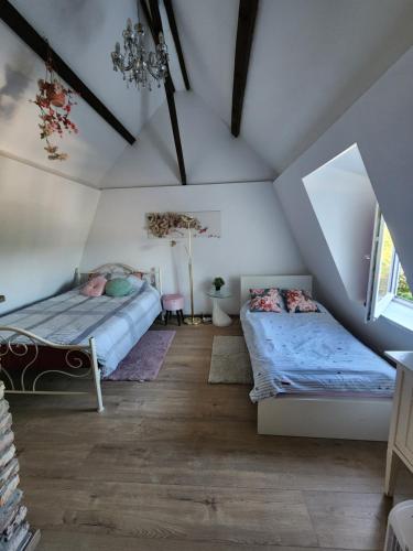 EsneuxにあるGîte "Le Pacifique"の屋根裏にあるベッドが2つある寝室