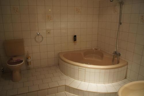 a white bathroom with a tub and a toilet at Hotel Draschwitz in Draschwitz