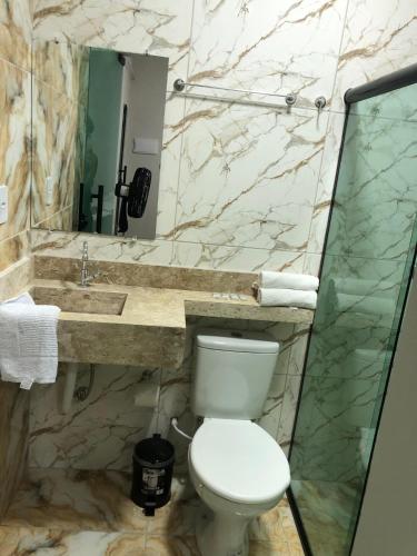 ein Badezimmer mit Toilette, Waschbecken und Spiegel in der Unterkunft Pousada SB in Campo Formoso
