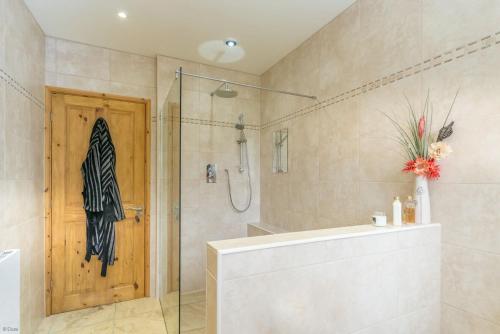 een badkamer met een douche en een houten deur bij Mehefin in Harlech