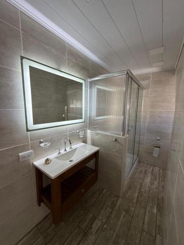 a bathroom with a sink and a shower at Luz del cielo premiun in Necochea