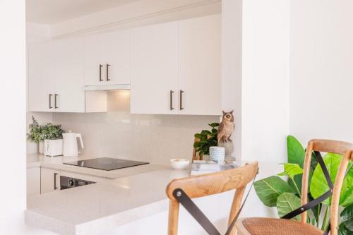 a kitchen with white cabinets and a table with chairs at Shoal Bay 83 , 83 Horace St - Air Conditioned home away from home in Shoal Bay