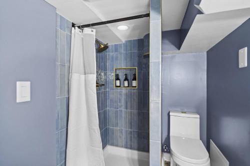 a blue bathroom with a toilet and a shower at The Verdigris| 1800s Charm| King St| Easy Parking in Alexandria