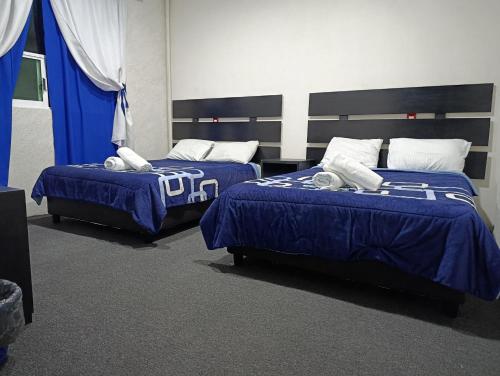 two beds in a room with blue comforters at Hotel Boutique Otomi cerca de Tolantongo in Cardonal