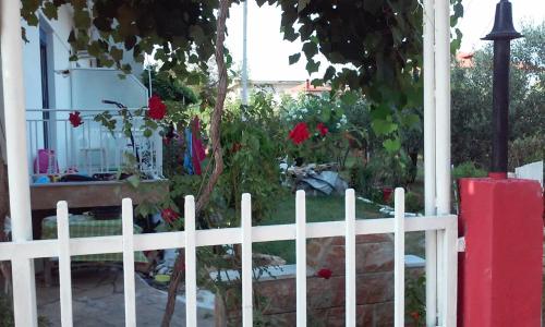 a white fence in front of a yard with red flowers at Noula Rooms in Makrýgialos