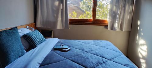 a person laying on a bed in a bedroom at Cabañas ROCA DEL LAGO, en Villa Pehuenia in Aluminé