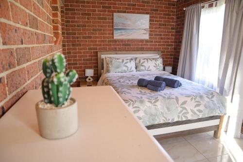 a bedroom with a bed and a cactus on a table at Bella Callala Holiday Home in Callala Bay