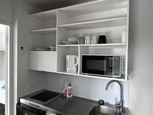 a kitchen with a sink and a microwave oven at Princeton 30 Symonds Street in Auckland