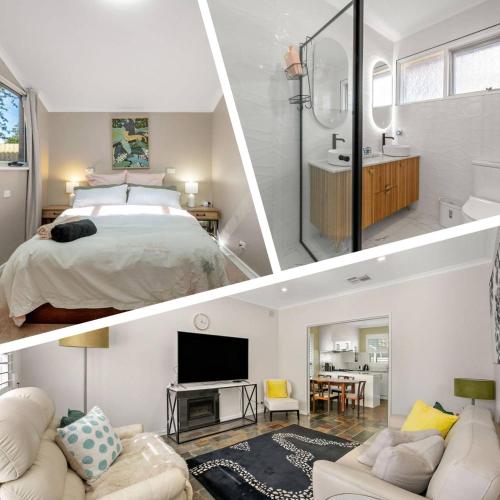 two pictures of a bedroom and a living room at 4BR Home in Fullarton in Glenunga