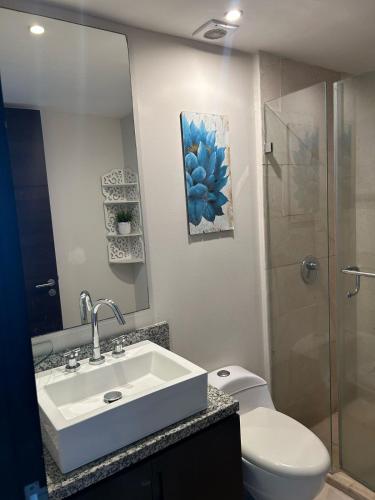 a bathroom with a sink and a toilet and a shower at Beachfront Apartment in Mazatlán