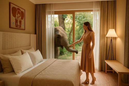 Una mujer en una habitación de hotel con un elefante en la ventana. en Lazula, en Ban Pok Nai