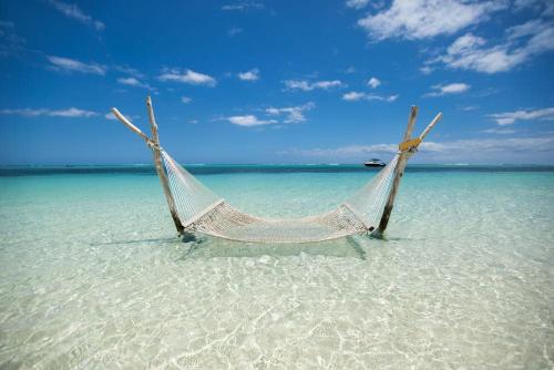 a hammock sitting on a beach in the ocean at Casa de Hospedagem Cajueiro in Jijoca de Jericoacoara