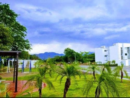 a group of palm trees in a field with a building at Comfortable apartment with pool and wifi in Puerto Vallarta