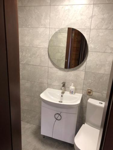 a bathroom with a toilet and a sink and a mirror at Берег Світязя 3 in Svityazʼ