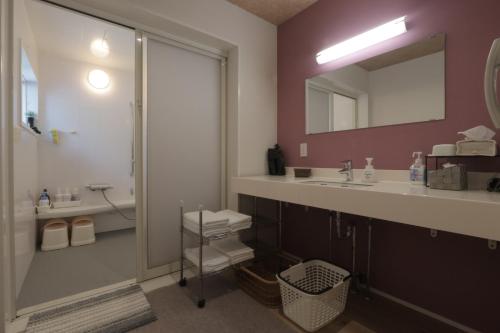Un baño con ducha, lavabo y espejo. en Travel Inn Ikuta, en Minabe