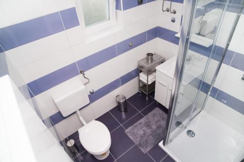 een blauwe en witte badkamer met een toilet en een douche bij Apartment Ema in Rogoznica