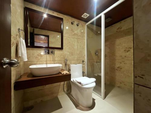 a bathroom with a sink and a toilet and a mirror at Mount Thistle Boutique Hotel in Darjeeling
