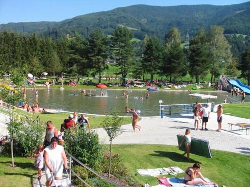 eine Gruppe von Menschen in einem Park mit einem Wasserkörper in der Unterkunft Bio-Bauernhof-Hotel Matlschweiger in Lassing