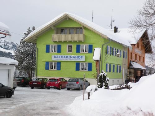 a green building with blue windows in the snow at Katharinahof Ferienpension in Sibratsgfäll