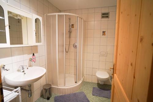Un baño con ducha, lavabo e inodoro. en Mucherhof, en Kasern