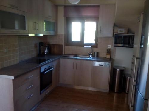 a small kitchen with a sink and a window at Villa Androniki in Longos
