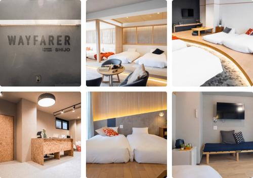 a collage of four pictures of a hotel room at WAYFARER Kyoto Shijo in Kyoto