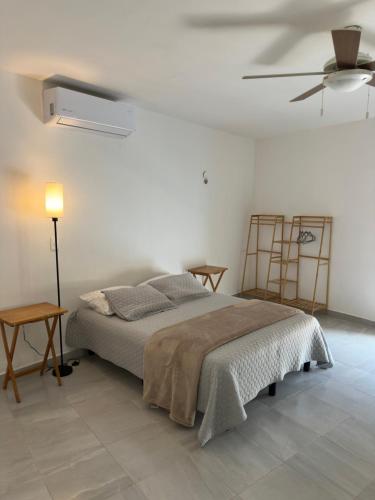 a bedroom with a bed and a ceiling fan at Casa D'Sauza's in Tekax de Álvaro Obregón