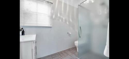 a white bathroom with a shower and a toilet at Tompson Apartment in Wagga Wagga