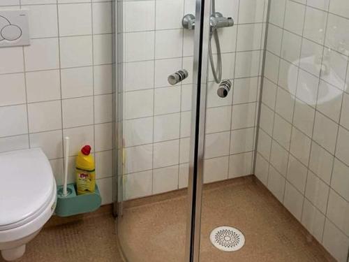 a bathroom with a shower stall with a toilet at 3 person holiday home in Flatraket-By Traum in Barmen