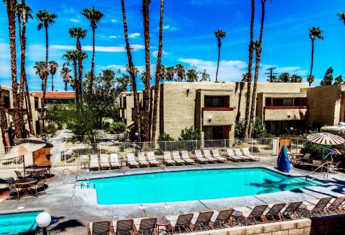 a swimming pool with chairs and a building with palm trees at Desert Vacation Villas in Palm Springs
