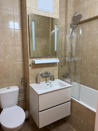 a bathroom with a toilet and a sink and a shower at City Centre Craiova in Craiova