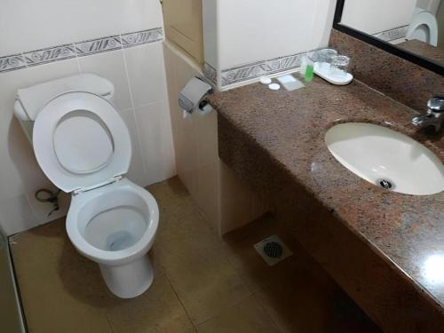 a bathroom with a toilet and a sink at Li Hua Hotel Bintulu in Bintulu