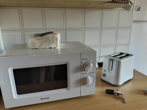 a microwave sitting on a counter next to a toaster at La terraza del Naranco - 3 habitaciones , PARKING y WIFI free in Oviedo
