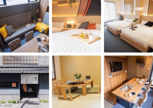 a collage of four pictures of a hotel room at ORI Rokkaku in Kyoto