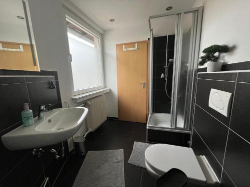 a bathroom with a sink and a shower and a toilet at Zum Schwan in Baumberg